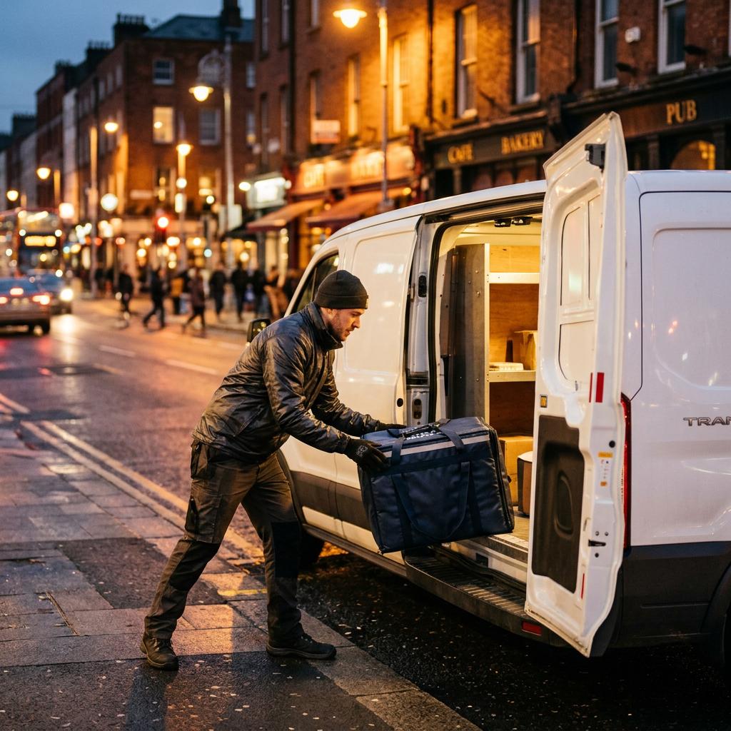 Courier loading food delivery boxes into a van