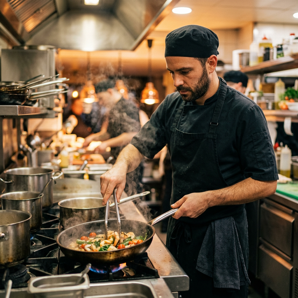 Chef preparing a fresh meal in a restaurant kitchen